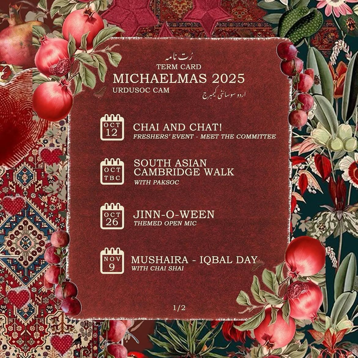 Michaelmas 2025 term card, first of two. Chai and Chat! on 12 October, a freshers' event to meet the committee; South Asian Cambridge Walk with PakSoc, date to be confirmed; Jinn-o-ween themed open mic on 26 October; and Mushaira for Iqbal Day with Chai Shai on 9 November.