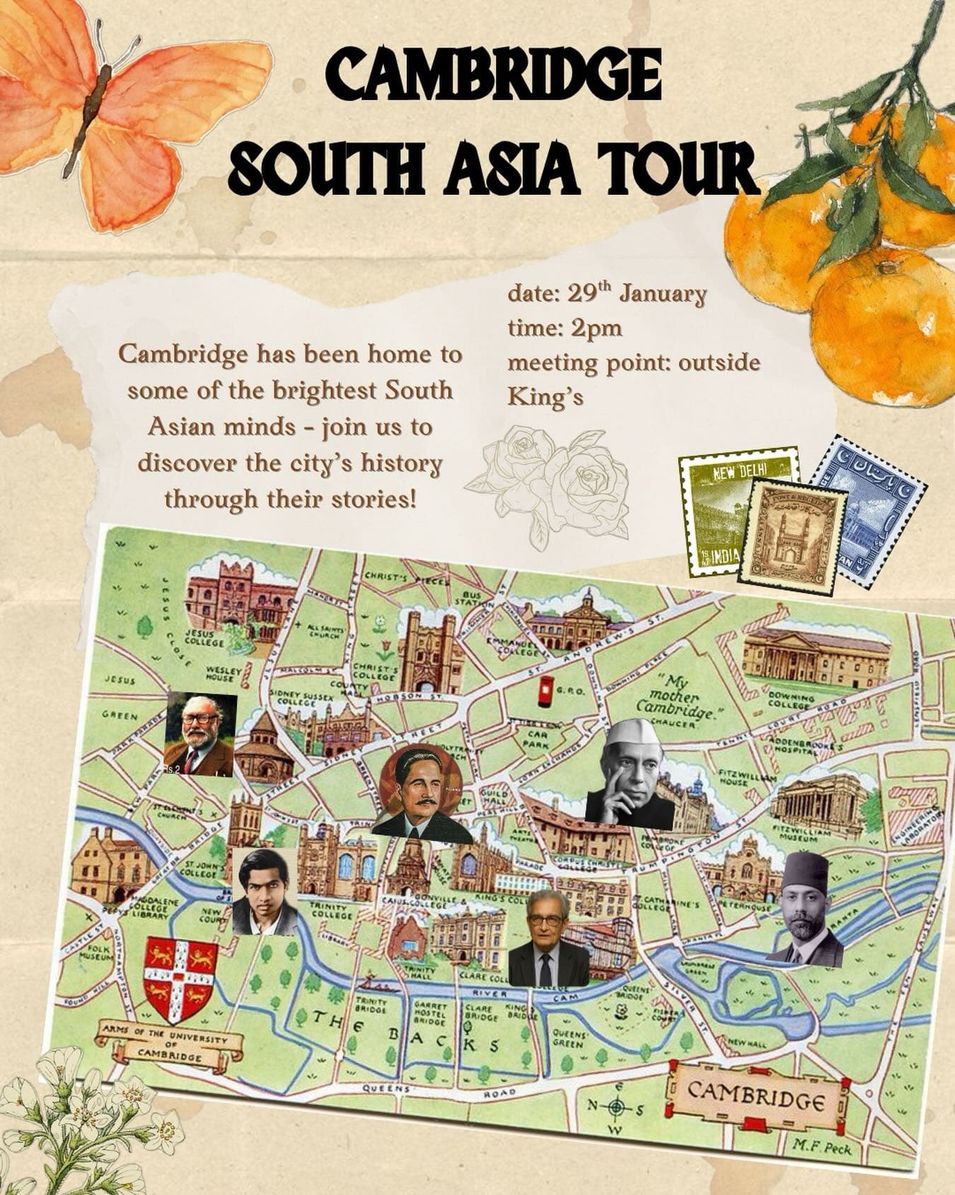 Poster for the Cambridge South Asia Tour: an illustrated map of the city with portraits of South Asian figures placed on the colleges, with 29th January, 2pm, meeting outside King's.