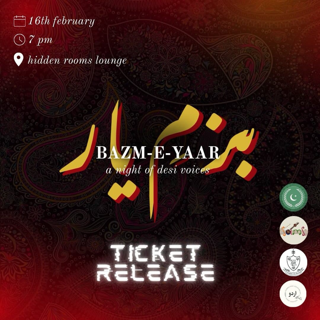 Poster for Bazm-e-Yaar: the title in red and gold Urdu calligraphy on a dark paisley ground, with 16th February, 7pm, Hidden Rooms Lounge, and the four societies' badges down one side.