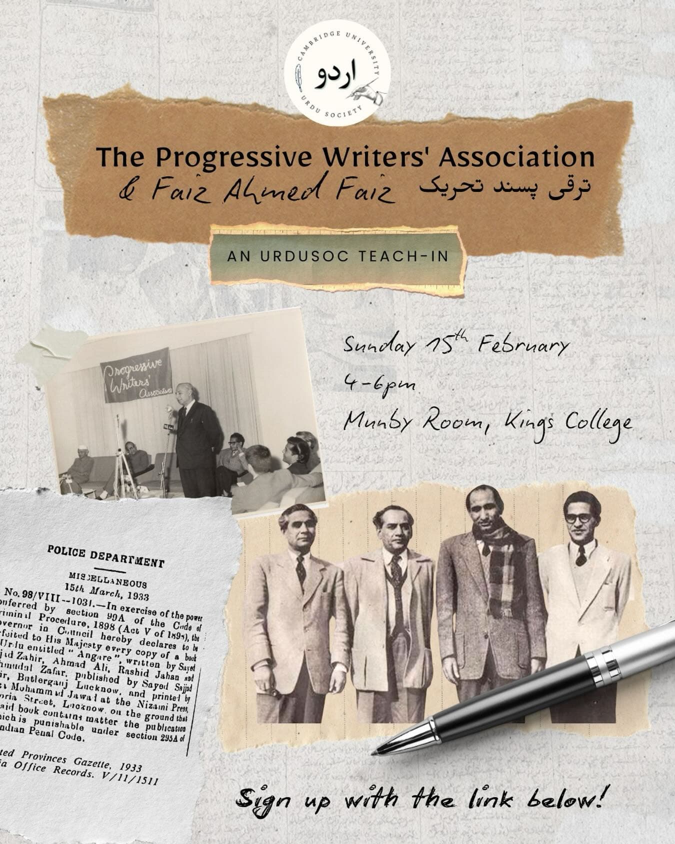 Poster for the teach-in: archive photographs of the Progressive Writers' Association and a 1933 police notice banning Angare, with Sunday 15th February, 4 to 6pm, Munby Room, King's College.