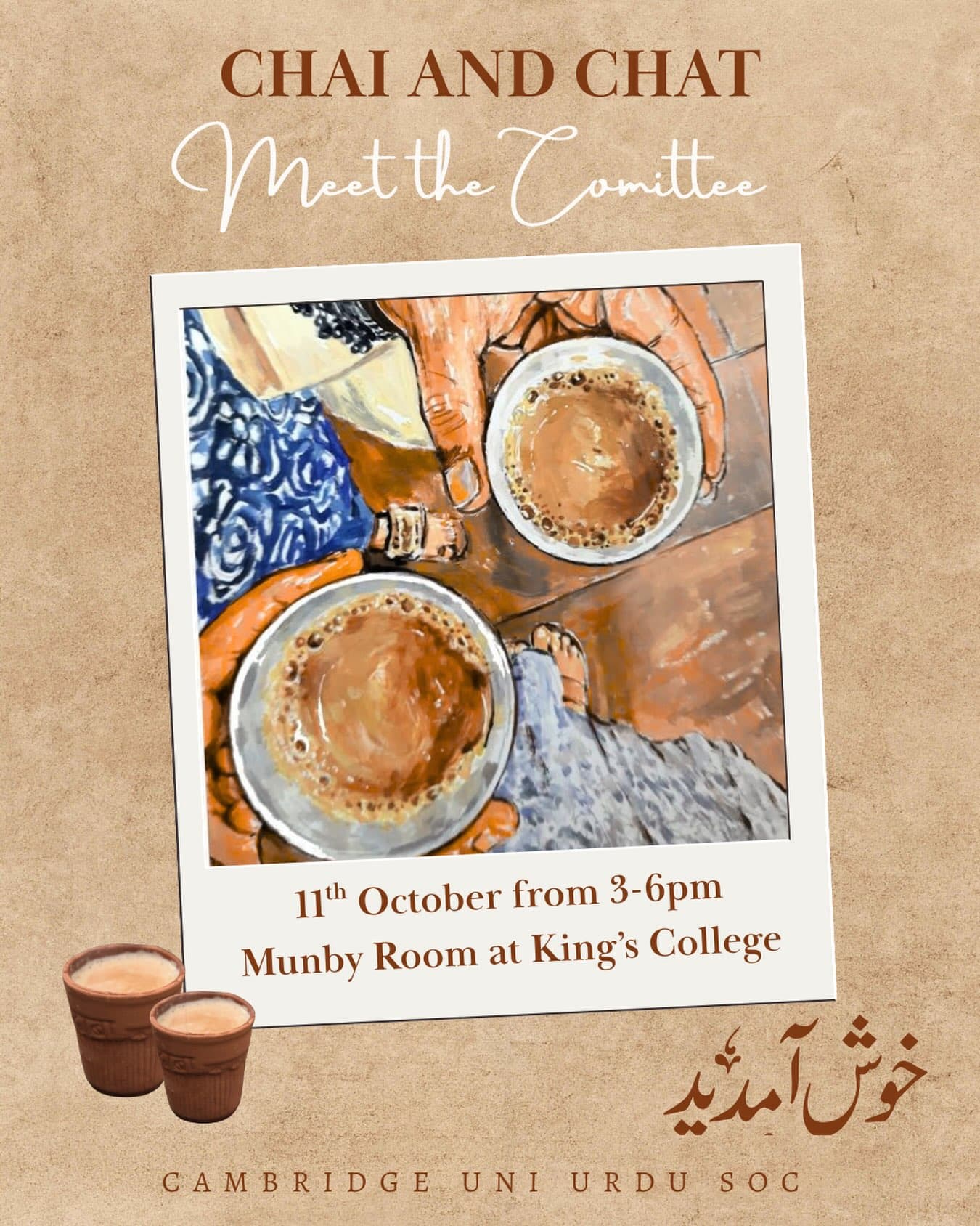 Poster for Chai and Chat: a painted overhead scene of two cups of chai, with Sunday 11 October, 3 to 6pm, in the Munby Room at King's College.